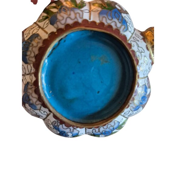 Vintage Cloisonne Enamel Teapot with Lid and Gold Handle Floral White Gold Blue - Picture 6 of 6